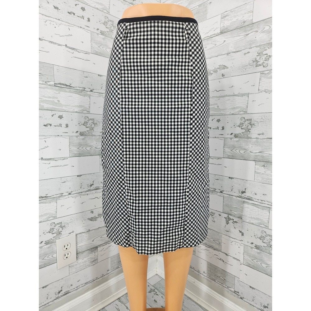 7th Avenue New York & Company Gingham Pencil Skirt Black White Ruffle Hem 12